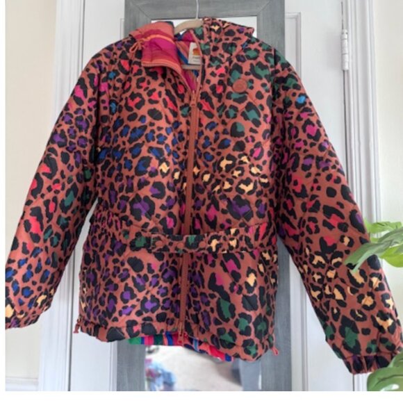 FARM Rio Reversible Hooded Puffer Coat Animal Print Dopamine Tropical - Picture 4 of 16